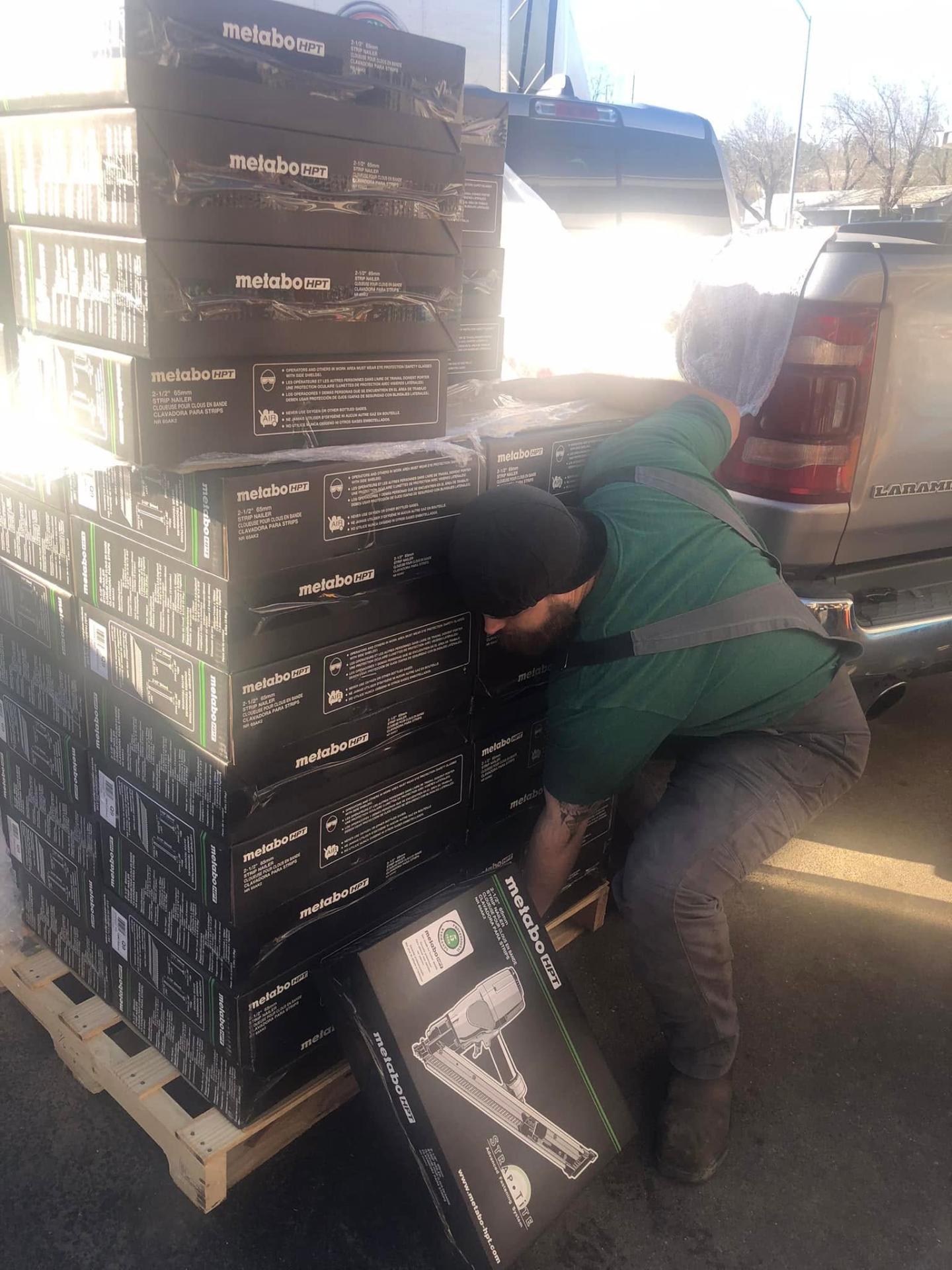 Fresh pallet of Metabo HPT strip nailers arriving at the shop